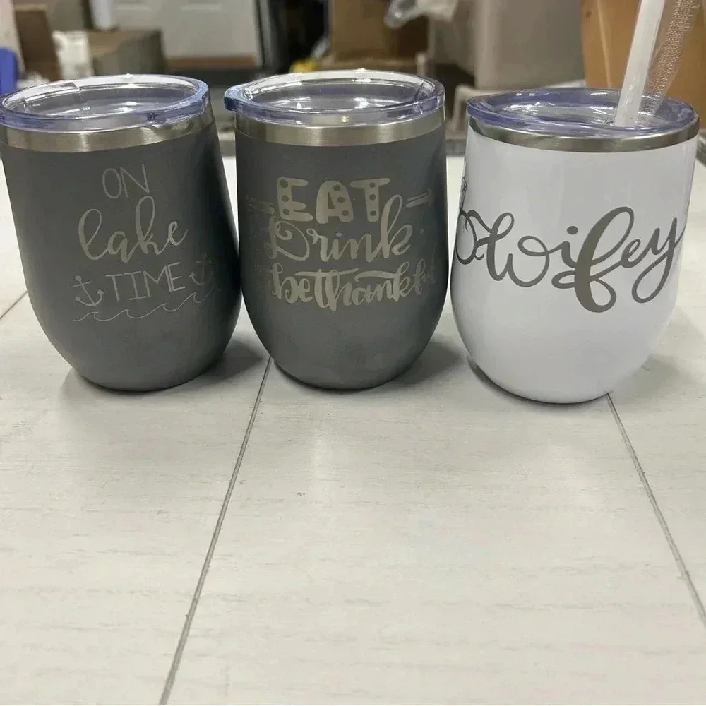 NWOT (LOT of 3) Engraved 12 oz Wine Tumblers White Gray‎